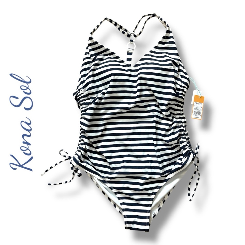 Kona Sol Blue and White One Piece Swimsuit with Nautical Stripes
